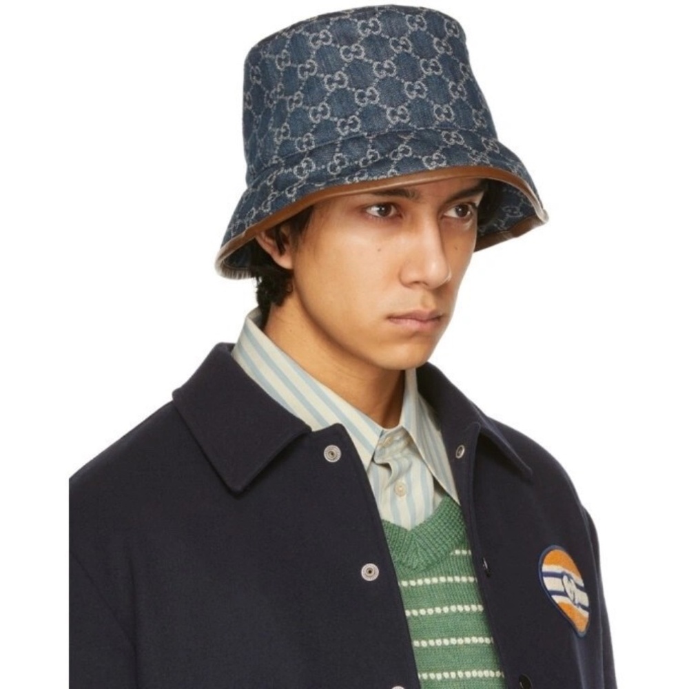 GUCCI "GG" Blue Denim Brown Leather Trim Bucket Hat Size Med 576371 UNISEX NWT - Picture 4 of 12